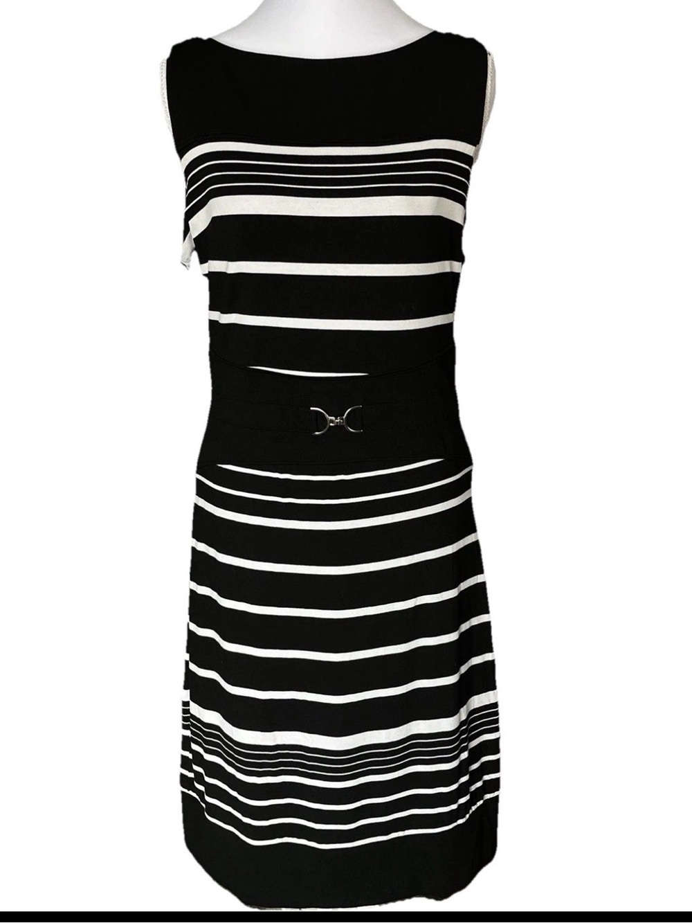 White House Black Market SZ 10 Black White Slimming Striped Sheath Dress Belted